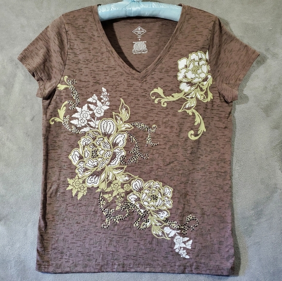 St. John's Bay Tops - St John's Bay Burnout Embellished Short Sleeve V-neck T-shirt Brown Size…